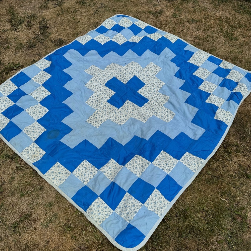 Vintage Handmade Patchwork Quilt Blue White Cross Farmhouse Cottagecore 68x74